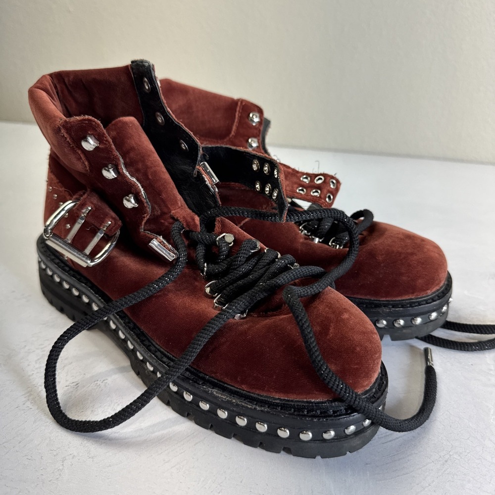 Lola Cruz Combat Boots Women Red Velvet Studded US 6 EU 36 Lace Buckle Grunge